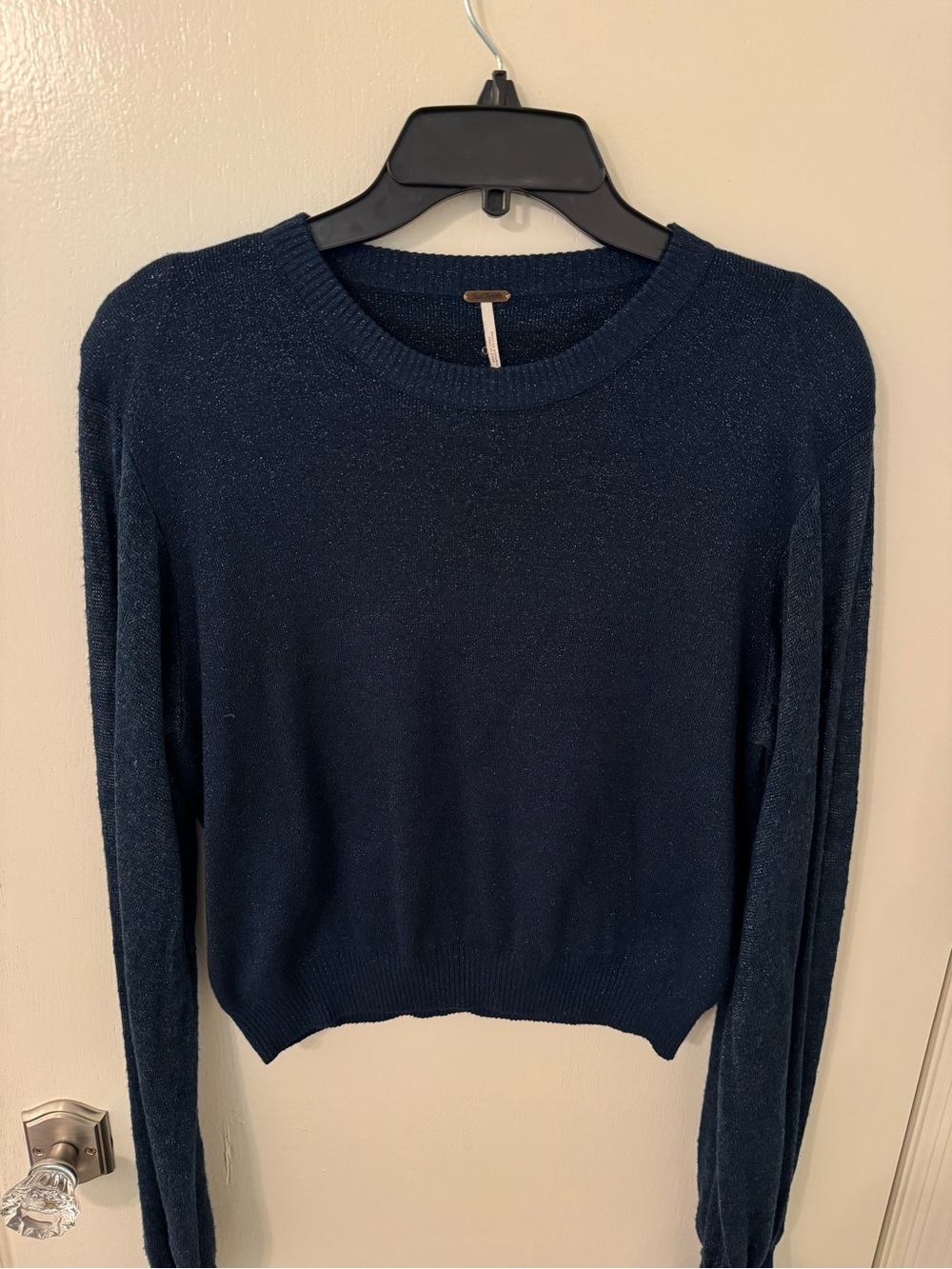Free People "Let It Shine" Indigo Blue Metallic Sparkle Cropped Sweater
